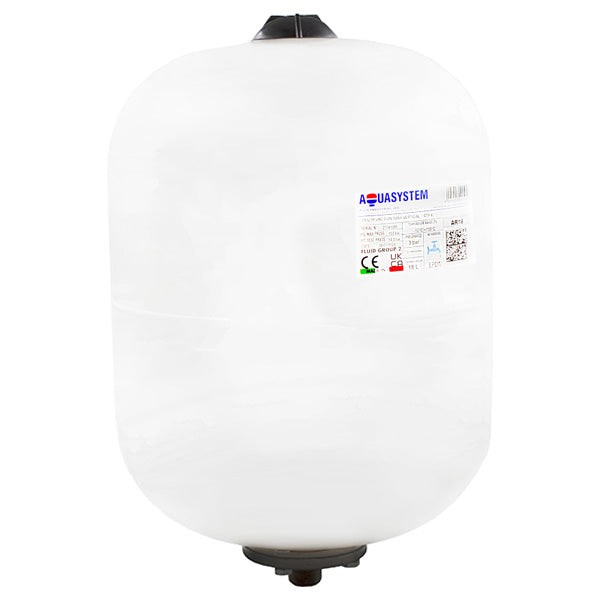 A white vertical Aquasystem expansion vessel with a bolted flange at the base and branding on the side.